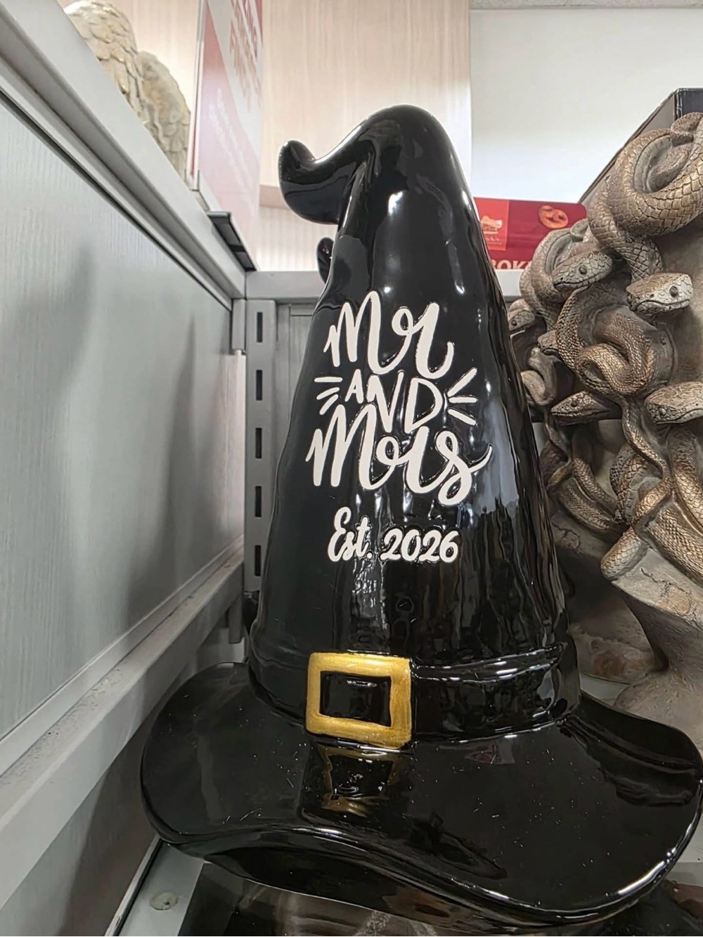 Black Ceramic Witch Hat Decor - 'Mr and Mrs Est. 2026'